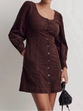 Madewell Corduroy Chocolate Brown Button-Front Mini Dress Size 8